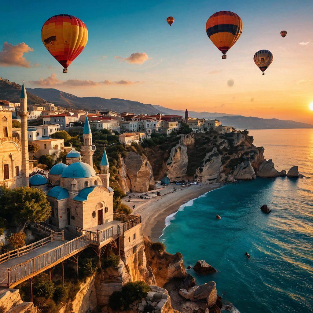 A breathtaking view of a couple holding hands while standing on a cliff overlooking the beautiful turquoise coastline of Turkey at sunset, with whimsical hot air balloons floating in the sky. Incorporate elements of traditional Turkish architecture in the background, such as a stunning mosque silhouette. The scene should evoke feelings of romance and adventure, with soft, warm lighting enhancing the atmosphere. super-realistic. vibrant colors. dreamy vibe.