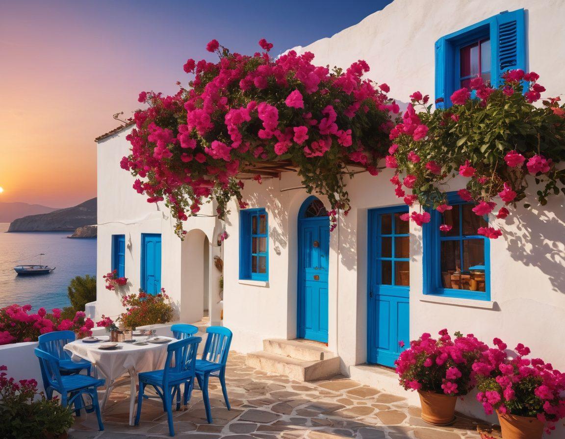 An inviting Turkish landscape featuring a stunning sunset over a serene beach, vibrant bougainvillea in the foreground, traditional whitewashed houses with blue accents, and a cozy outdoor cafe setting where people enjoy tea and pastries. The scene captures the essence of relaxation and adventure. super-realistic. vibrant colors. peaceful atmosphere.