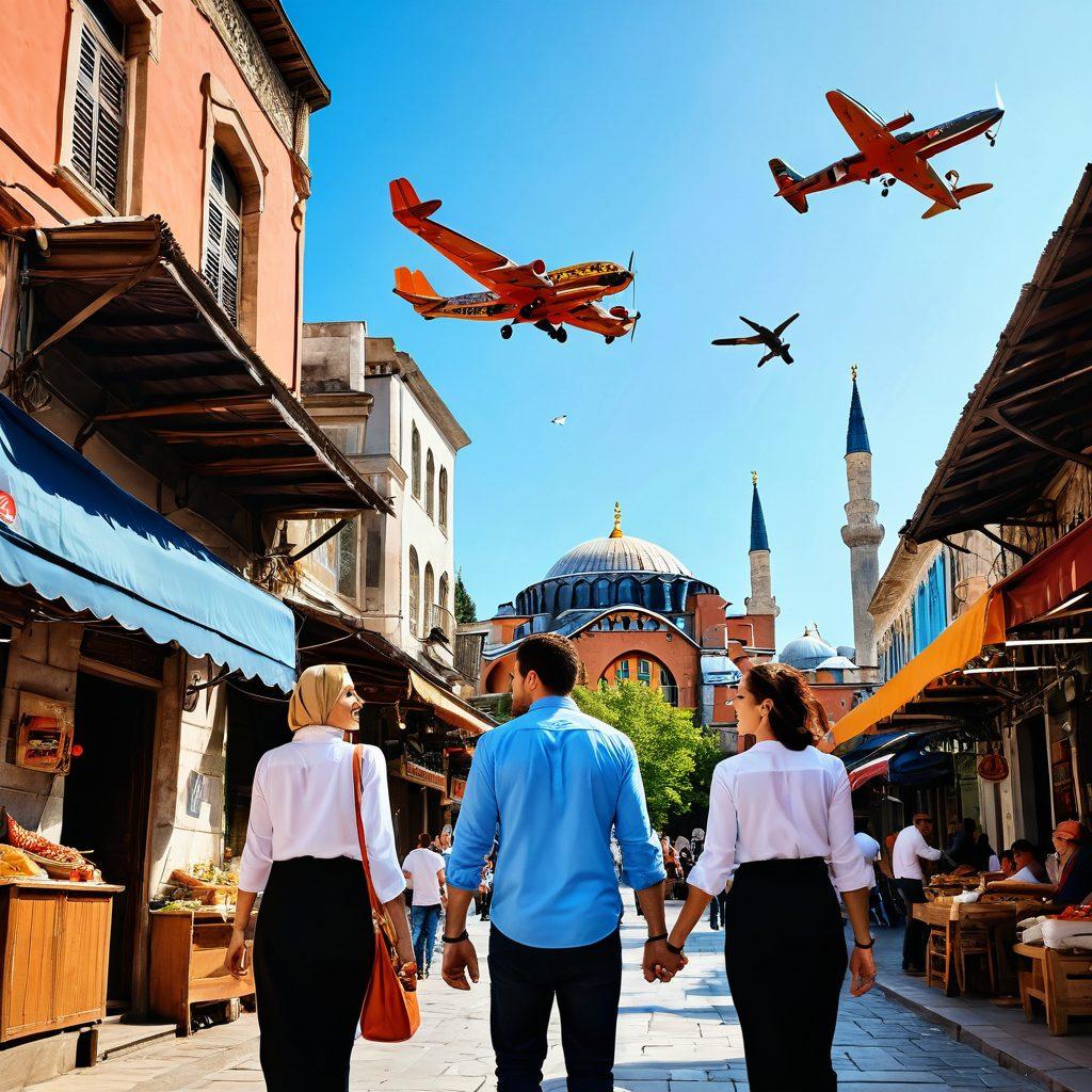 A couple joyfully exploring the vibrant streets of Istanbul, surrounded by iconic landmarks like the Hagia Sophia and bustling bazaars, with a plane soaring in the clear blue sky above. The scene is filled with colorful street food stalls and local artisans at work, evoking a sense of adventure and romance. Emphasize warm tones to reflect love and excitement. super-realistic. vibrant colors. 3D.
